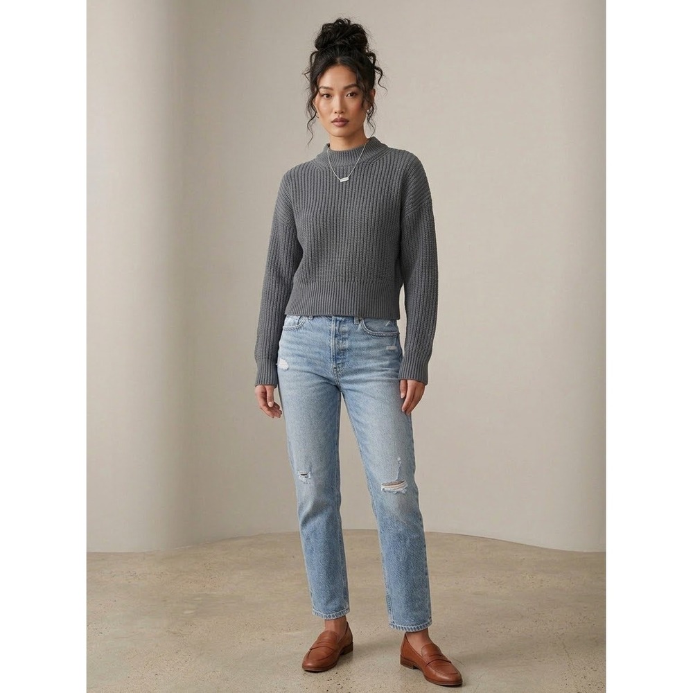 Everlane Organic Cotton Chunky Crew Sweater Gray Cropped Knit S F-SWTR-CTN-CHNK